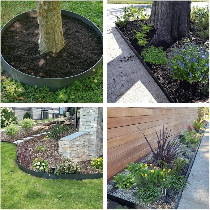 A ANLEOLIFE 12 Pack 40" LX 6"H Galvanized Steel Garden Landscape Edging for Straight & Mild Curved Lines, Hammer-in Metal Lawn Border with Gloves and 10 Stakes (40FT Total) (6 inch tall, 12pcs, Black)