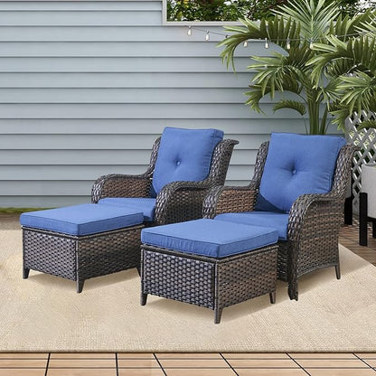 Rilyson Wicker Patio Furniture Set - 4 Piece Rattan Outdoor Sectional Conversation Sets with 2 Chairs and 2 Ottomans for Porch Deck Garden(Brown/Blue)