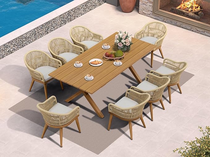 PURPLE LEAF 9 Pieces Patio Dining Set with Outdoor Aluminium Dining Table and Woven Chairs Modern Metal Furniture Cushions Sets for Garden Yard Indoor Decor Kitchen Teak