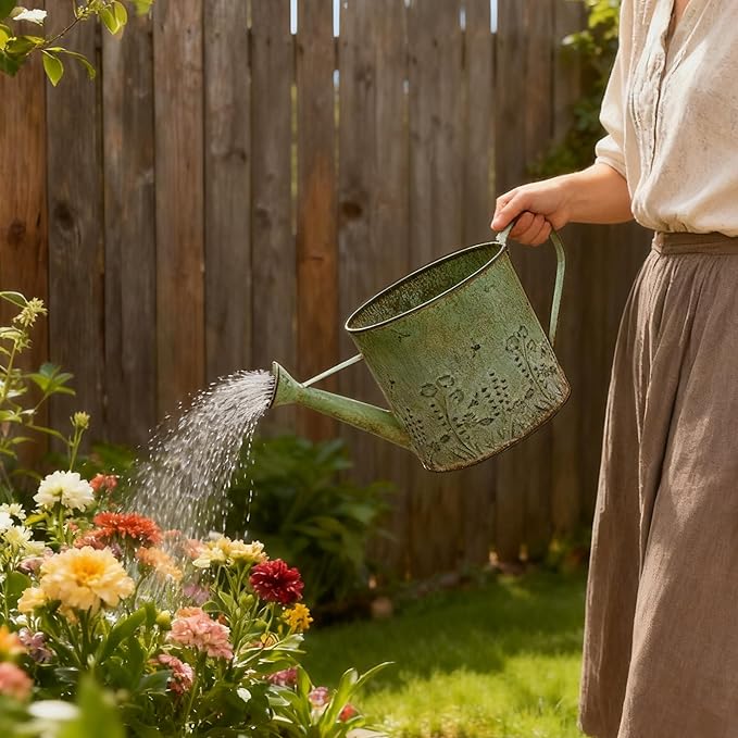 Vintage Metal Watering Can Planter with Embossed Floral - Distressed Green Decorative Watering Pot for Indoor/Outdoor Flowers, Succulents & Herbs, Rustic Home Decor Accent