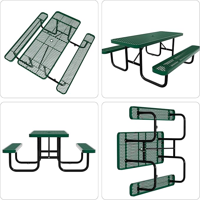 72'' Rectangular Steel Picnic Table for Outdoors,Commercial Metal Picnic Table Bench Set with Umbrella Hole,School Canteen Table W/Seats - Heavy Duty Sturdy Picnic Tables Furniture for Patio Garden