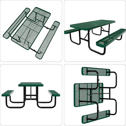 72'' Rectangular Steel Picnic Table for Outdoors,Commercial Metal Picnic Table Bench Set with Umbrella Hole,School Canteen Table W/Seats - Heavy Duty Sturdy Picnic Tables Furniture for Patio Garden