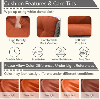 5 Pieces Patio Conversation Set, Wicker Chairs Set of 2 and Two Ottomans with 3.5-inch Seat Cushions, 1 Side Table High Back and Curved Armrest for Backyard, Balcony and Deck, Orange