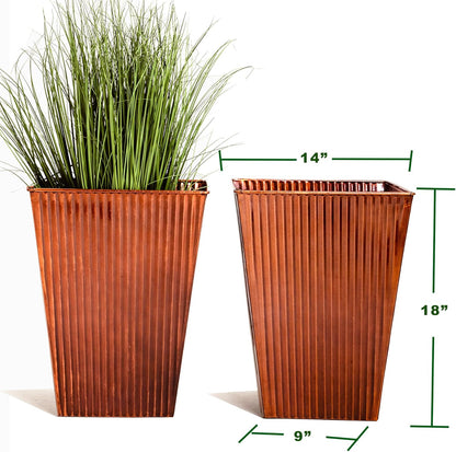 18in Vintage Handmade Metal Vertical Lines Copper Tapered Planters Set of 2, Galvanized Steel Planter Box with Drainage Hole for Indoor/Outdoor/Porch/Garden