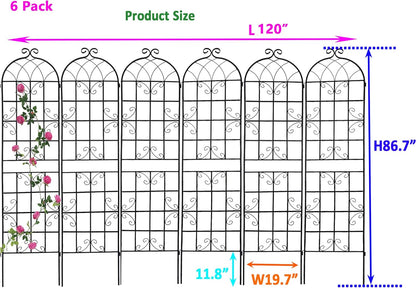 6 Pack Metal Garden Trellis 86.7" H Garden Fence Rustproof Trellis for Climbing Plants Support Roses Flower Outdoor Lawn, Black 7.2FT Tall