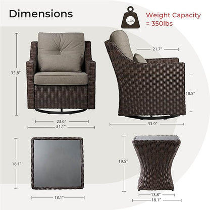 CHITA 3 Pieces Wicker Patio Bistro Set, Outdoor Furniture Set with 2 Pieces Rattan Rocking Swivel Chairs, Thickened Cushions and Side Table