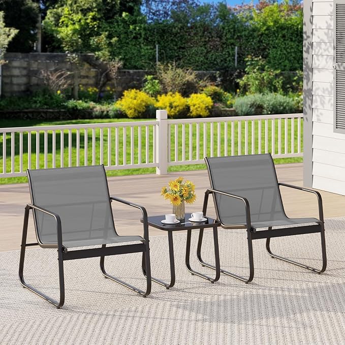 Gizoon Patio Chairs Set of 2, 3 Piece Patio Furniture Set, Bistro Sets,with Textilene Fabric, Metal Frame Coffee Table, Outdoor Chairs Set, for Balcony, Backyard,Lawn, Garden, Poolside, Grey