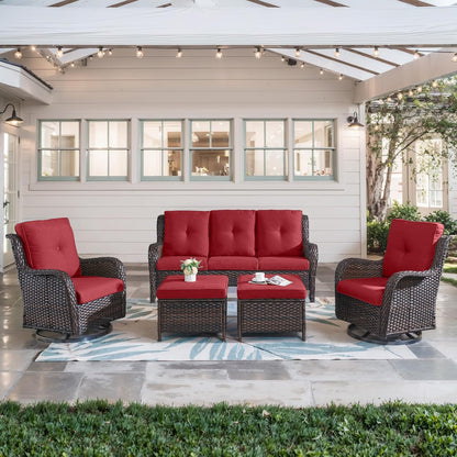 5 Piece Outdoor Patio Furniture Set - Wicker Furniture Patio Conversation Set, Outdoor Swivel Rocker Chairs with 3-Seater Sofa and 2 Ottomans for Small Space, Red Cushion