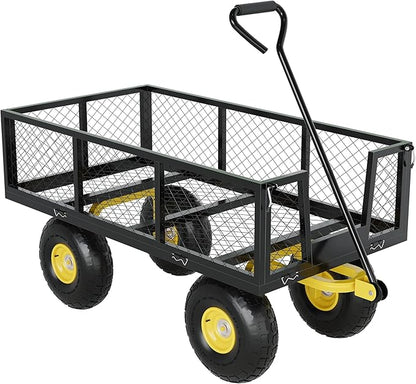 900 Lbs Garden Wagon, 2-in-1 Heavy-Duty Steel Garden Cart, with 10 Inch All-Terrain Tires and Removable Mesh Side Panels, 180° Rotating Handle, Metal Utility Yard Trailer, Outdoor Gardens Wagon Cart