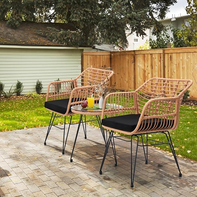 3 Piece Wicker Patio Bistro Furniture Set, Includes 2 Rattan Chairs and Glass Top Table, Ideal for Porch, Outdoor, Backyard, Apartment, Balcony, Natural