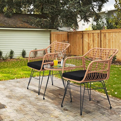 3 Piece Wicker Patio Bistro Furniture Set, Includes 2 Rattan Chairs and Glass Top Table, Ideal for Porch, Outdoor, Backyard, Apartment, Balcony, Natural