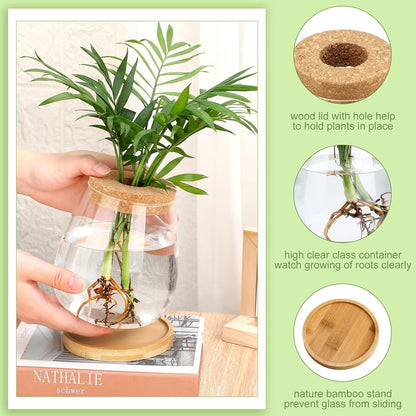 Layhit 4 Pcs Plants Propagation Stations vases Glass Planters with Wooden Lid and Bamboo Stand for Hydroponic Plants Gardening Gifts for Women Mom Home Office Tabletop Decoration(Cute Style)