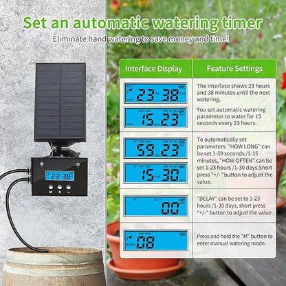Solar drip Irrigation System, Solar Automatic palnt Waterer for Outdoor Garden, Irrigation System for Vacation,Drip Irrigation Kit with 2200mAh Battery&Rain Sensing &LCD Screen