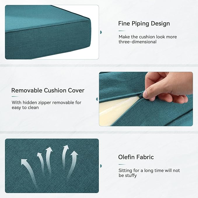 Luxury 6" Outdoor Cushions for Patio Furniture, 24x24x6" Thick Seat Cushion Set of 6, Fade Resistant Couch Chair Replacement Cushions High Density Deep Wicker Chair Cushion w/ Removable Cover, Green