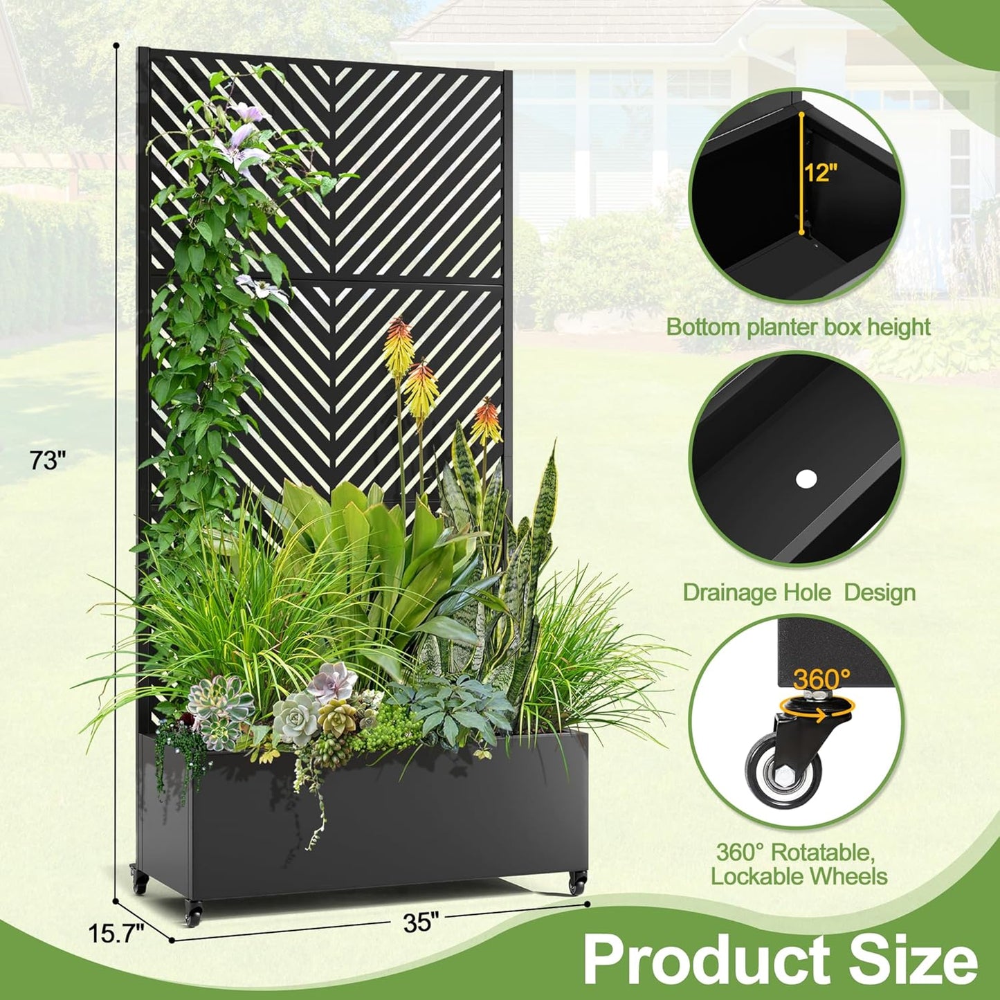 Raised Garden Bed with Trellis and Wheels,73"x35"x16" Metal Raised Garden Bed,Black Parallel Metal Planter with Climbing Trellis for Vines & Vegetables