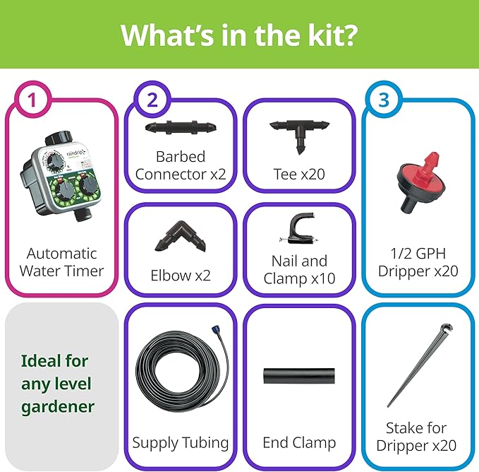 Raindrip R560DP Automatic Drip Irrigation Watering Kit with Timer for Containers and Hanging Baskets, Waters up to 20 Plants, Includes Timer with Customizable Settings and 20 PC Drippers Black