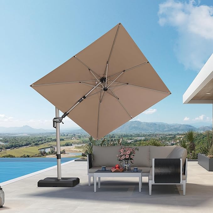 PURPLE LEAF 8' X 8' Left-right Tilting Patio Umbrella Outdoor Swivel Cantilever Umbrella Aluminum Offset Umbrella with Champagne Frame and 360-degree Rotation for Garden Deck Pool, Taupe