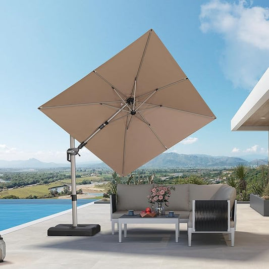 PURPLE LEAF 8' X 8' Left-right Tilting Patio Umbrella Outdoor Swivel Cantilever Umbrella Aluminum Offset Umbrella with Champagne Frame and 360-degree Rotation for Garden Deck Pool, Taupe