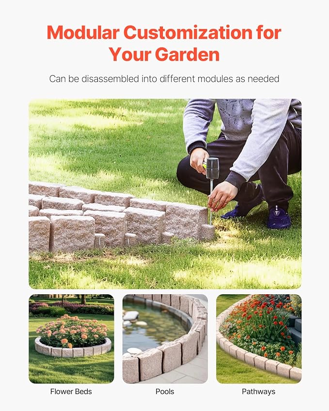 VEVOR Faux Stone Landscape Edging, No Dig Garden Edging Border, Flexible Blocks for Lawn Edging, Flower Beds, Driveway, Yards with 12 Spikes, 4 Pack 24 Bricks 16FT Kit, 46.9" Lx 4" W x 6" H, Beige