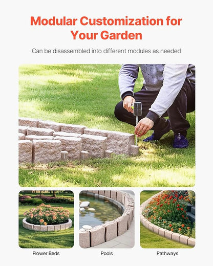 VEVOR Faux Stone Landscape Edging, No Dig Garden Edging Border, Flexible Blocks for Lawn Edging, Flower Beds, Driveway, Yards with 12 Spikes, 4 Pack 24 Bricks 16FT Kit, 46.9" Lx 4" W x 6" H, Beige