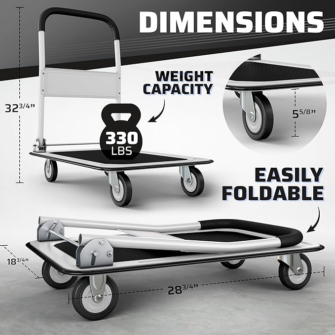 Heavy Duty Foldable Push Cart Dolly | 330 lbs. Capacity | Upgraded Collapsible Hand Truck Folding Platform with Swivel Wheels | Flat Bed Moving Wagon | Space Saving Push Handle (White)