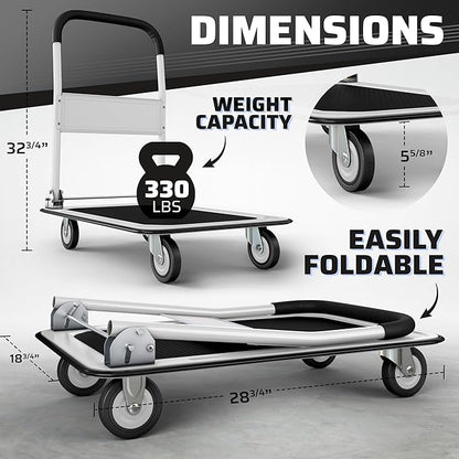Heavy Duty Foldable Push Cart Dolly | 330 lbs. Capacity | Upgraded Collapsible Hand Truck Folding Platform with Swivel Wheels | Flat Bed Moving Wagon | Space Saving Push Handle (White)