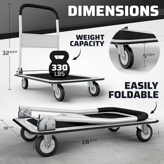 Heavy Duty Foldable Push Cart Dolly | 330 lbs. Capacity | Upgraded Collapsible Hand Truck Folding Platform with Swivel Wheels | Flat Bed Moving Wagon | Space Saving Push Handle (White)