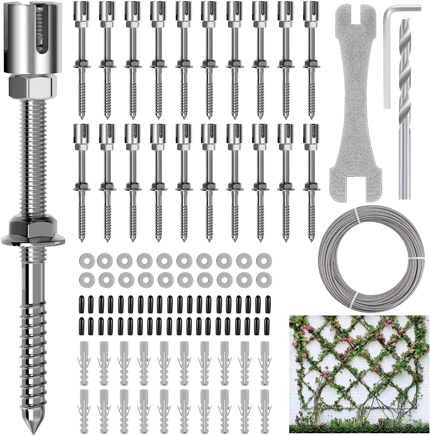 Stainless Steel Trellis Wire Kit for Climbing Plants - 20 Sets T316 Garden Wire Support System with 98Ft Cable, Outdoor Wall Mount Espalier Trellis Kit for Rose/Vine Training