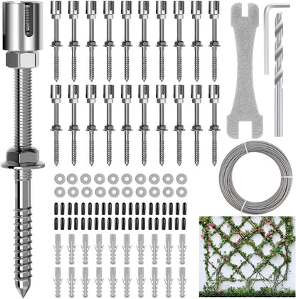 Stainless Steel Trellis Wire Kit for Climbing Plants - 20 Sets T316 Garden Wire Support System with 98Ft Cable, Outdoor Wall Mount Espalier Trellis Kit for Rose/Vine Training