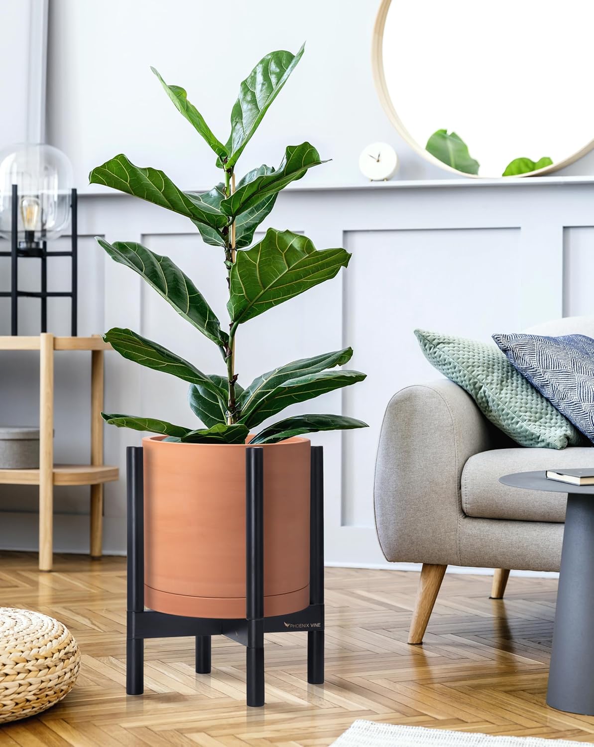 D'vine Dev Terracotta Planter with Ebony Stand - 12 Inch Modern Round Flower Pot with Wood Planter Holder, Terracotta, 55-B-H-5