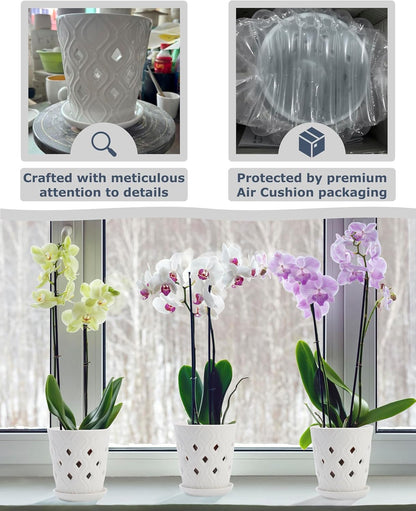 Whispering Winds Ceramic 5 x 6 Inch Orchid Pot with Holes & Saucer for Aeration and Drainage - Decorative Orchid Pots for Repotting, Prevent Over Watering & Root Rot (Carrara White)