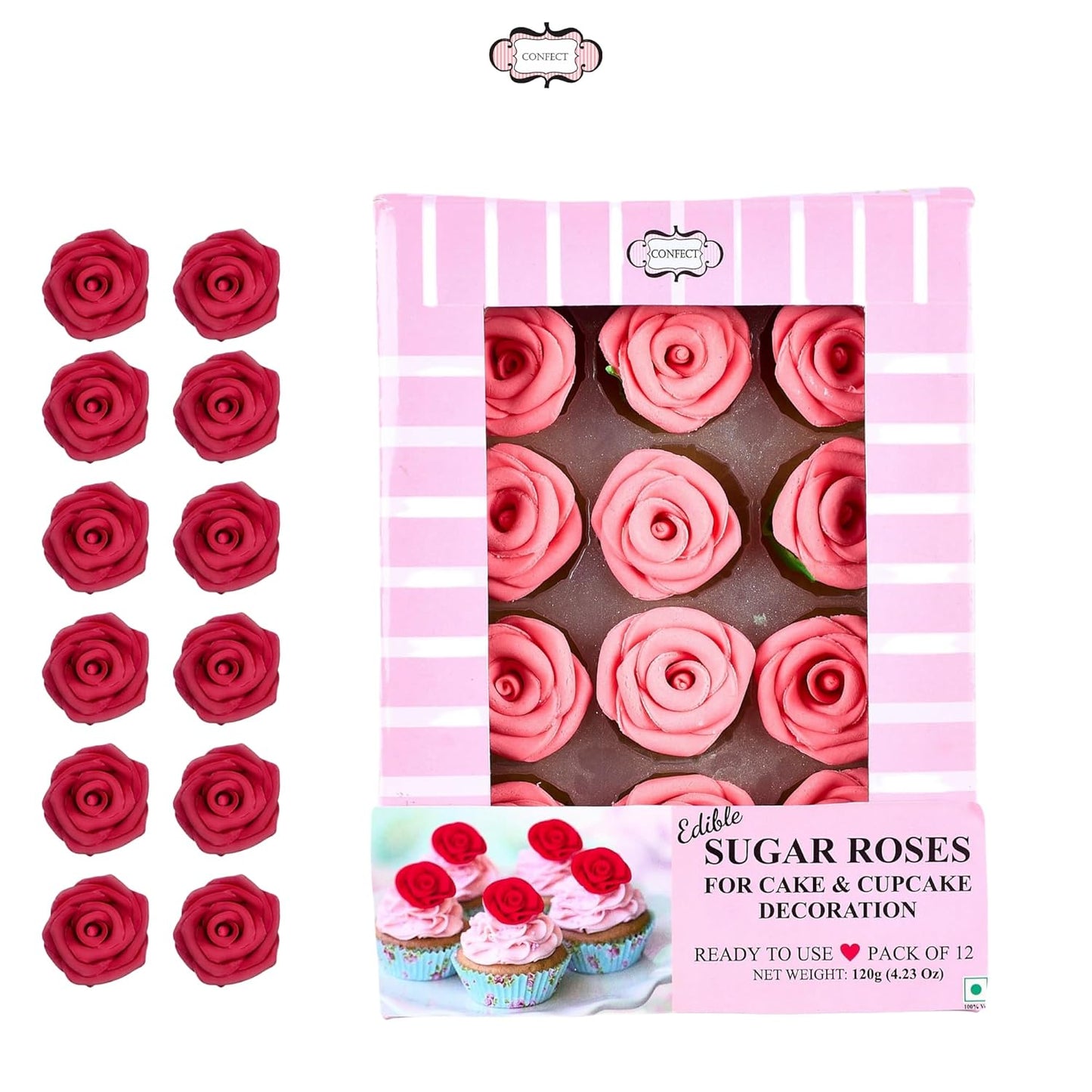 Confect Edible Rose Topper- French Rose Toppers – Pack of 12 Pink French Roses for Cakes, Cupcakes & Donuts – Vegan, Dairy-Free, Palm Oil-Free – Elegant Floral Decorations for Baking
