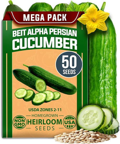 HOME GROWN 𝗨𝗦𝗔 𝗣𝗥𝗘𝗠𝗜𝗨𝗠 Persian Cucumber Seeds – 50+ Heirloom Non-GMO, High-Yielding Beit Alpha Variety | Fast Growing, Sweet Tender Skin, Home Vegetable Garden Seeds (Cucumis sativus)