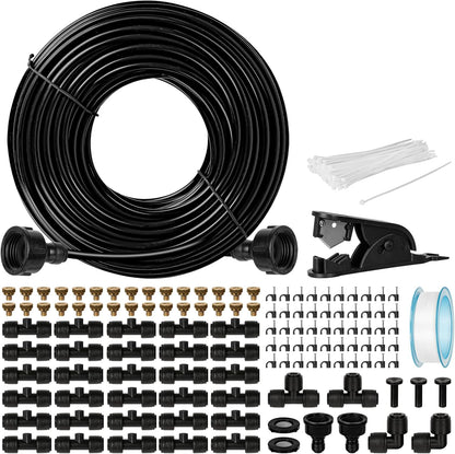 OnBrand Patio Water Misters for Cooling Outdoor, 100FT Mister for Outside with 3/4" Adapter and Filter, Misting Cooling System with 2 T-Joints and 30 Brass Nozzles for Greenhouse Trampoline Coop