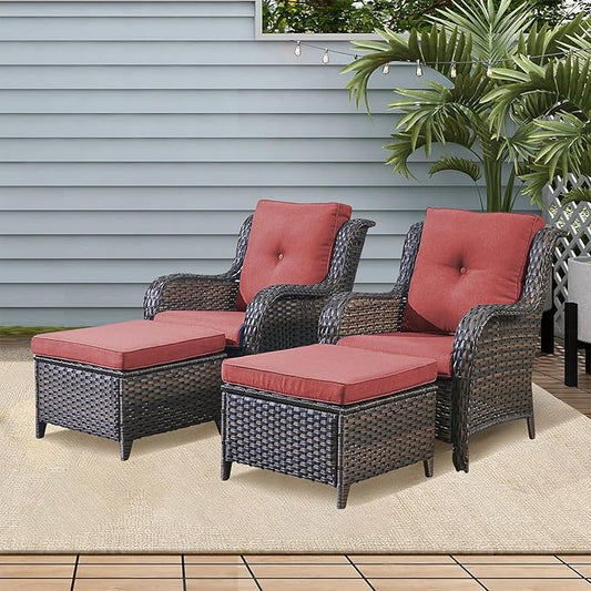 Rilyson Outdoor Patio Furniture Chairs Set - 4 Piece Wicker Rattan Patio Sectional Conversation Sets with 2 Chairs and 2 Ottomans for Porch Deck Balcony Garden(Brown/Red)