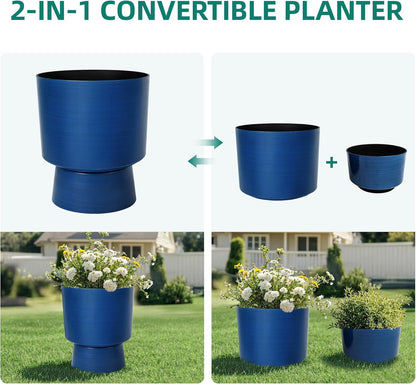 16.75" H Urn-Style Tall Planters, 2-Pack Modern Large Flower Pots for Outdoor Indoor, 2-in-1 Design Plant Containers for Garden Patio Yard Balcony Porch or Home Decor, Cobalt Blue, UV-Protect