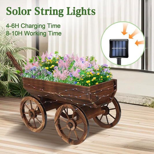 Wood Wagon Planter with Light for Outdoor Balcony Decor - Garden Rustic Wooden Flower Cart with Wheels for Outside Garden Decor Wheelbarrow Planter for Patio Christmas Decoration Gift Car