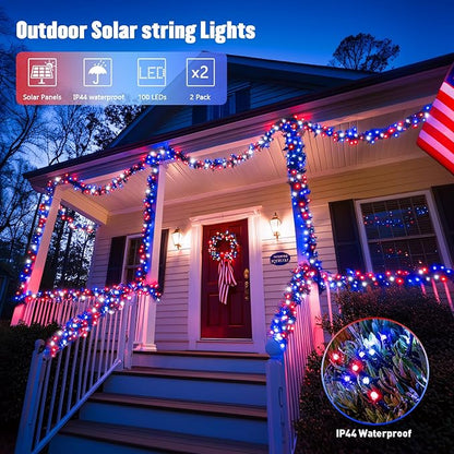 JMEXSUSS 2 Pack Red White and Blue Solar Lights 100LED 33ft Patriot Solar String Lights Waterproof, 8 Modes 4th of July Lights for Independence Day, Gardens, Tree, Outdoor 4th of July Decorations