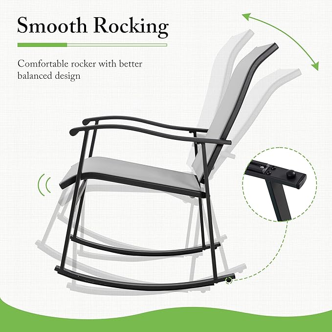 Shintenchi 3 Piece Rocking Bistro Set, Outdoor Furniture with Rocker Chairs and Glass Coffee Table Set of 3, Balcony, Porch Furniture for Small Space, Light Gray