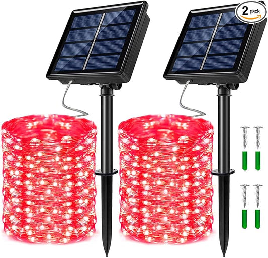 2 Pack Solar Powered Fairy String Lights Outdoor Waterproof 8 Modes Twinkle Christmas Decorations Lights, Each 33ft-100LED, 40ft-120LED, 66ft-200LED, 80ft-240LED, (Red, 66)