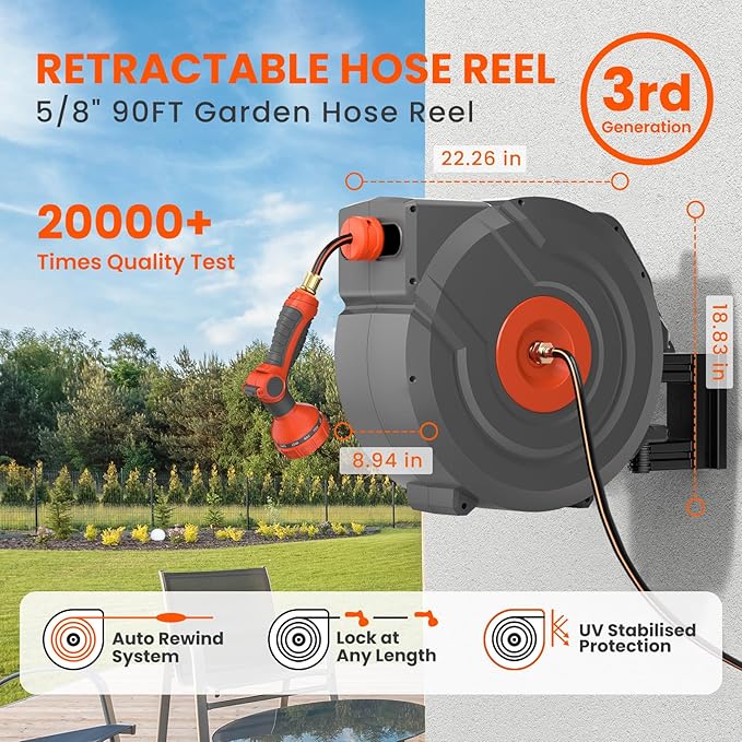 Upgraded Retractable Garden Hose Reel 5/8 in x 90 ft PRO 180° Swivel Metal Bracket Automatic Retract Heavy Duty Hose Reels Wall Mount Any Length Lock 9 Pattern Nozzle Garden Watering