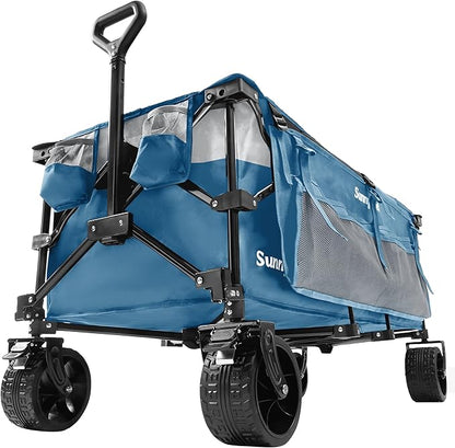 SUNNYFEEL 49''L 550lbs Heavy Duty Wagon Cart Foldable with Wheels,Extra Long Fold Up Wagons Carts with Side Pocket and Brakes for Camping Sports Garden Shopping (Blue)