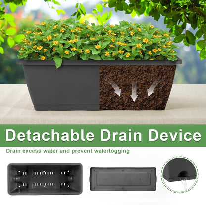 HAITRAL Hanging Planters for Outdoor Plants,Deck Railing Planter Boxes Countryside Style Window Boxes Planters, Balcony Flower Pots Plastic Railing Planter with Metal Brackets for Fence,Black 6 Pcs