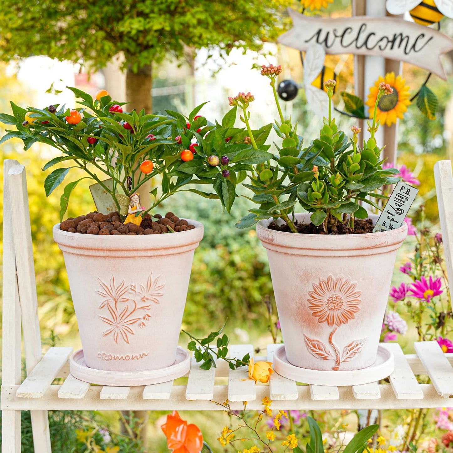 Sungmor Set of 3 Terra Cotta Pots with Saucer & Drainage Hole, 8 Inch Large & Deep Clay Pots, Unique Embossed & Pretty Color Pottery Planters for Plants Orchid Cactus Succulent