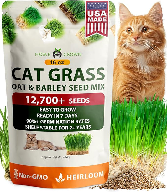 HOME GROWN 𝗨𝗦𝗔 𝗣𝗥𝗘𝗠𝗜𝗨𝗠 1 Pound Cat Grass Seeds for Cat & Kittens Oat & Barley Mix 100% 𝗡𝗢𝗡-𝗚𝗠𝗢 Heirloom, Grow Fresh Kitty Grass for Chewing, Pet Grass for Cats Indoor Garden