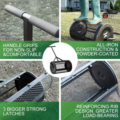 Walensee 24 Inch Compost Spreader Peat Moss Spreader with Upgrade T Shaped Handle for Planting Seeding Durable Lightweight Metal Mesh Spreader for Lawn and Garden Care Manure Spreaders Roller Patented