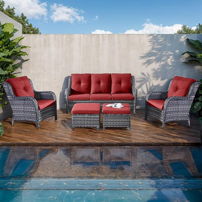 Rilyson Outdoor Patio Wicker Furniture Set - 5 Piece Rattan Patio Conversation Sectional Sofa Set with 1 Couch,2 Armchairs,2 Ottomans for Porch Deck Garden(Mixed Grey/Red)