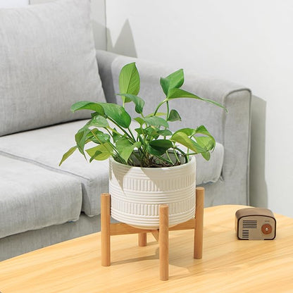 Kurrajong Farmhouse White Plant Pot with Stand | 7.25" Ceramic Planter Pot for Indoors | Wood Plant Stand with Pot. Plant not Included | White Planter Pot is 7.25" Wide x 5.75" high