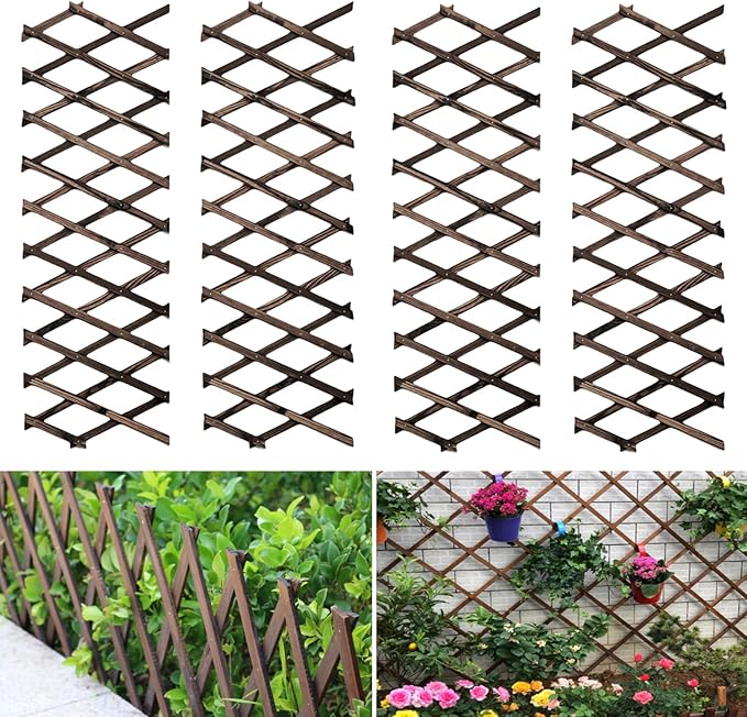 4 Pcs Expandable Garden Trellis, Wooden Lattice Wall Fence Trellis for Climbing Plants Ivy Vine Rose Clematis 13" x 68" for Outdoor Garden Patio Room Decor (4)