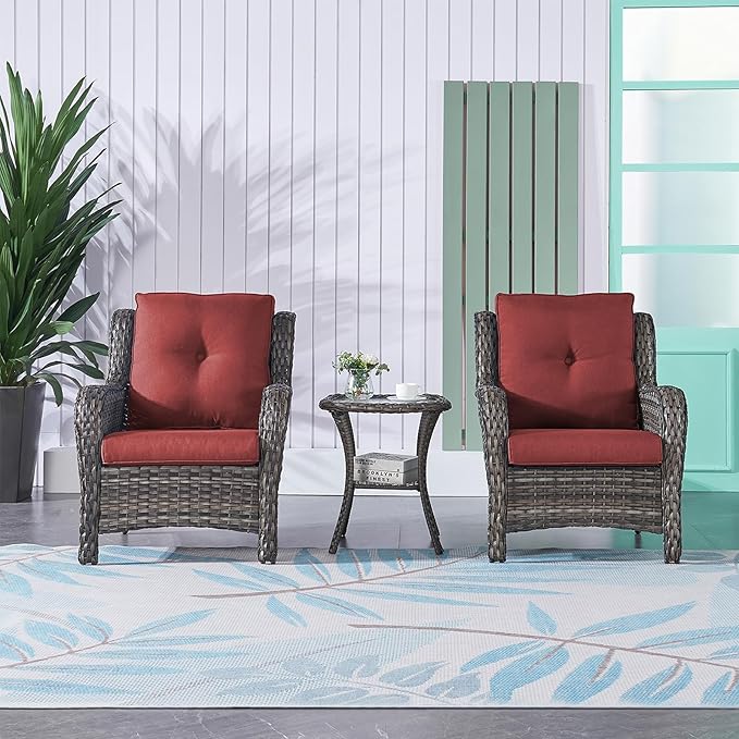 Rilyson Patio Bistro Set Outdoor Chairs - 3 Piece Wicker Rattan Patio Furniture Set with 2 Armrest Chair and 1 Side Table for Proch Deck Garden Backyard Balcony(Mixed Grey/Red)